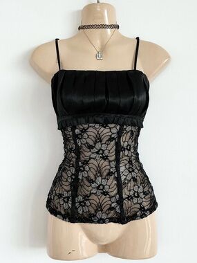 ♟️ 🖤 Y2K vintage Black Lace Pleated corset silver floral Cami transparent